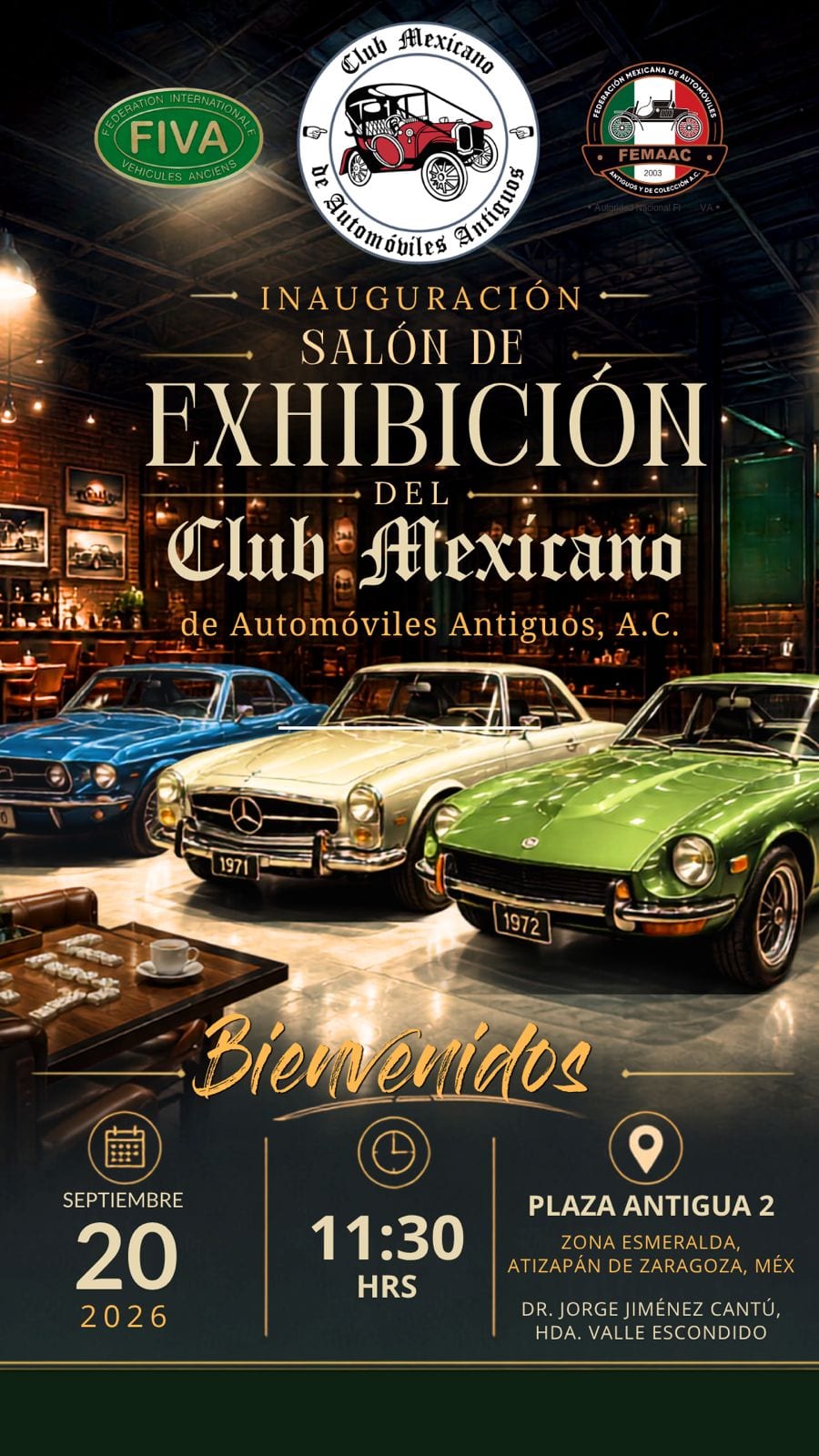 Cartel de la inauguración del Salón de Exhibición del Club Mexicano de Automóviles Antiguos.